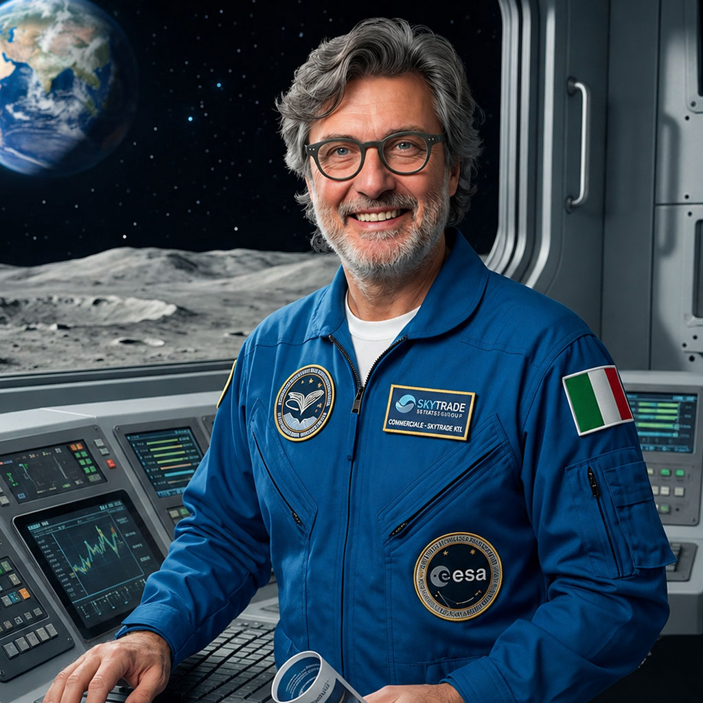 Astronauta in cabina con vista sulla Luna e la Terra.